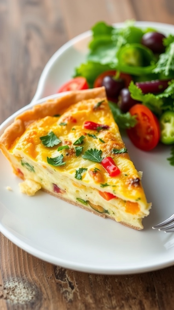 A slice of crustless quiche with vegetables and cheese on a plate, garnished with herbs, beside a fresh salad.